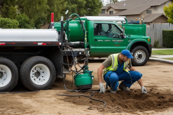 Professional septic service technician working with equipment